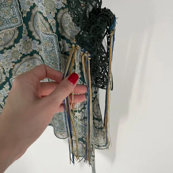 Anna Sui Green White Printed Lace Detail V-Neck Sleeveless Mini Dress 4 Silk - Picture 4 of 10